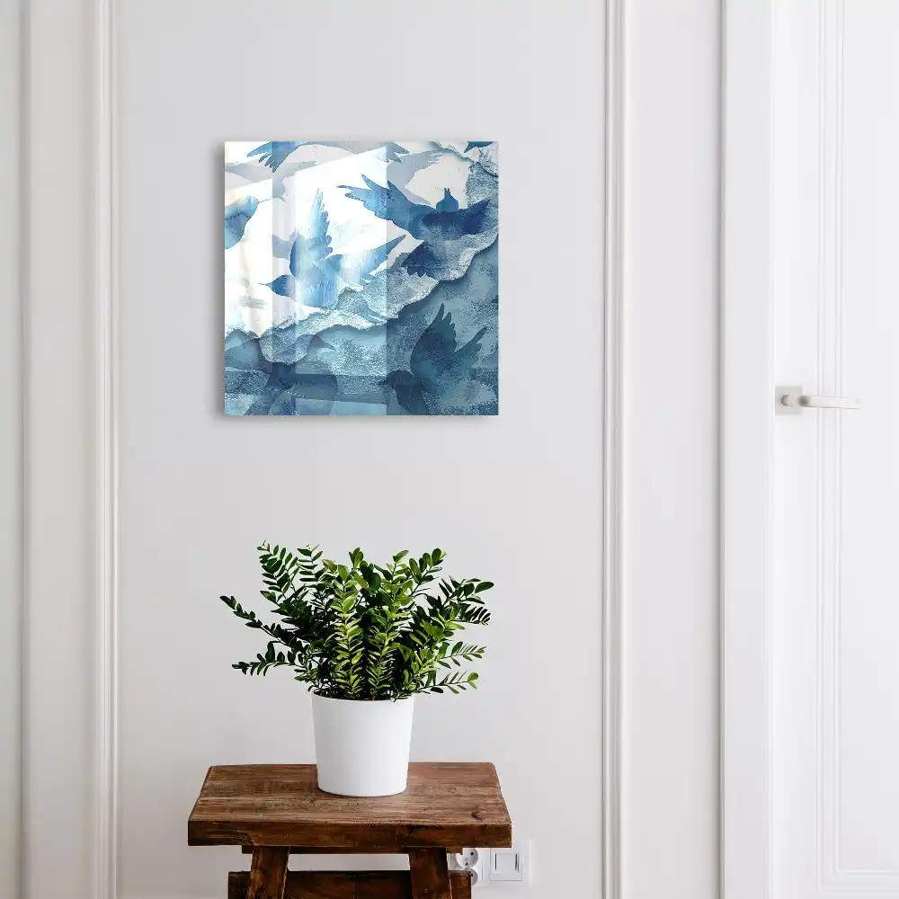 Armoire à clés oiseaux bleus en vol aquarelle