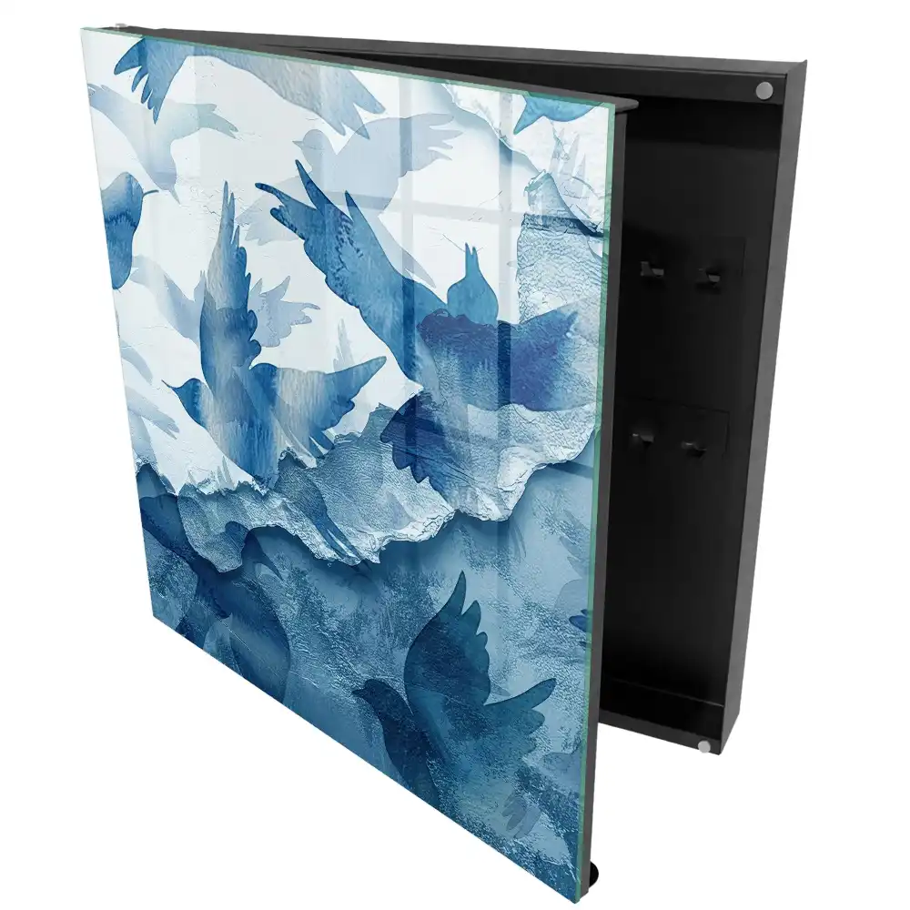Armoire à clés oiseaux bleus en vol aquarelle