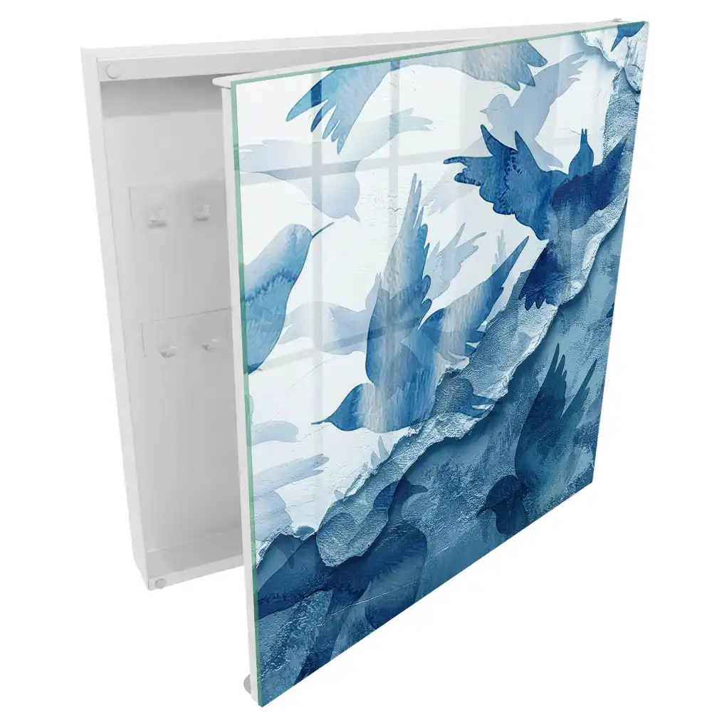 Armoire à clés oiseaux bleus en vol aquarelle