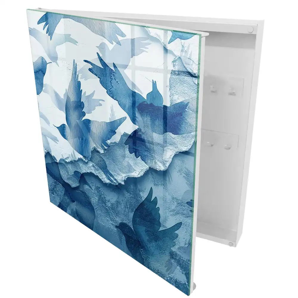 Armoire à clés oiseaux bleus en vol aquarelle