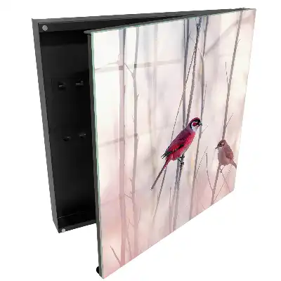 Boîte à clés murale deux oiseaux rouges sur des branches aux couleurs délicates