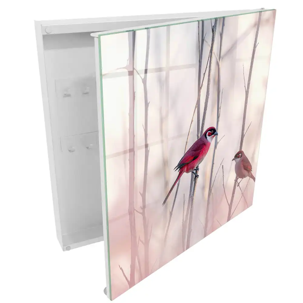 Boîte à clés murale deux oiseaux rouges sur des branches aux couleurs délicates