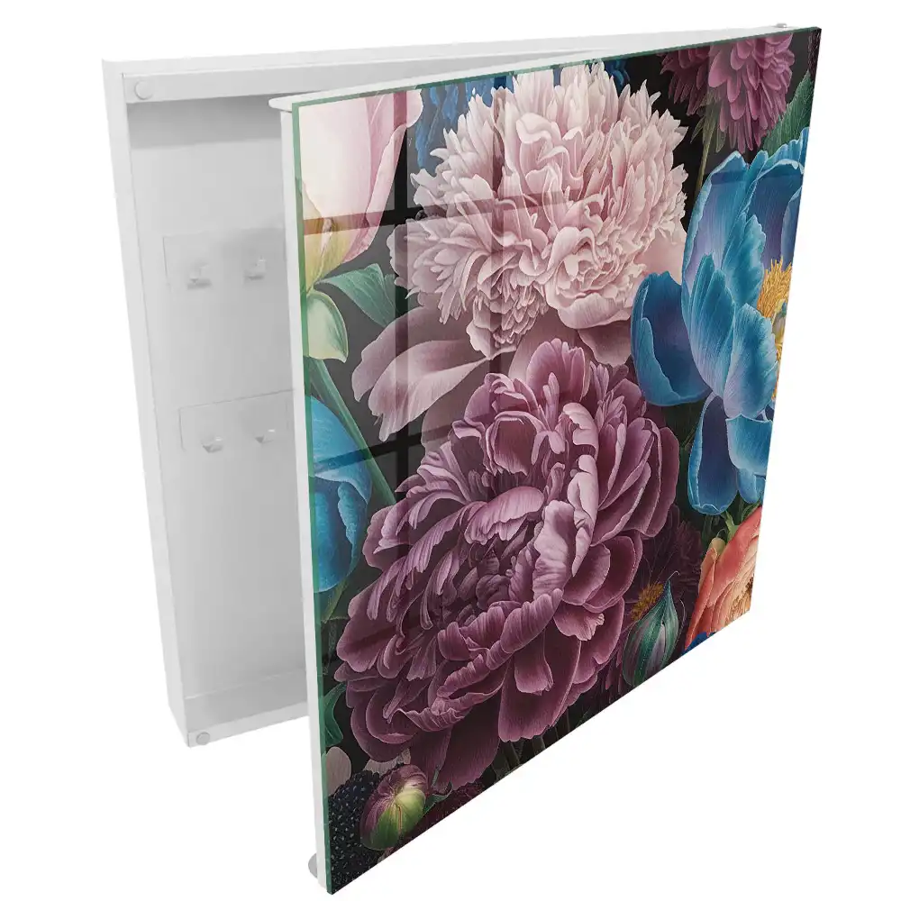 Boîte à clés fleurs colorées sur fond noir