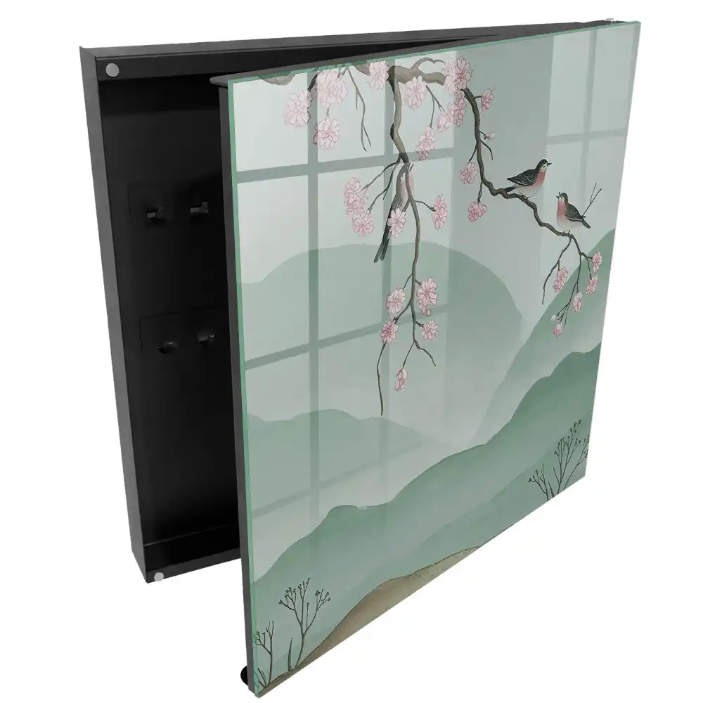 Armoire à clés couleurs pastel oiseaux fleurs fond calme