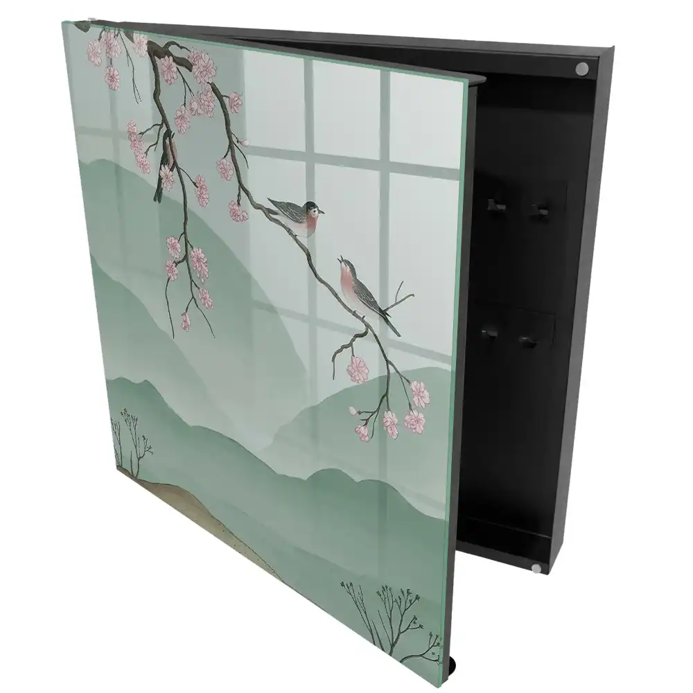 Armoire à clés couleurs pastel oiseaux fleurs fond calme