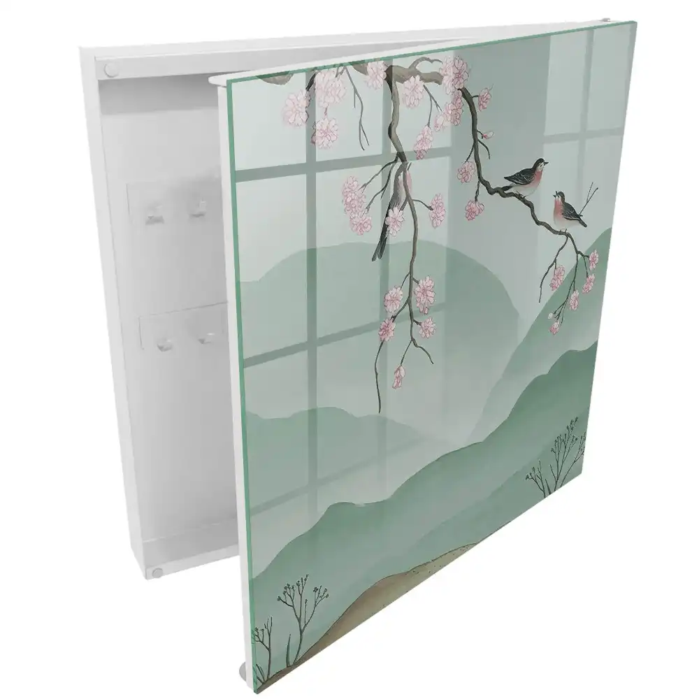 Armoire à clés couleurs pastel oiseaux fleurs fond calme