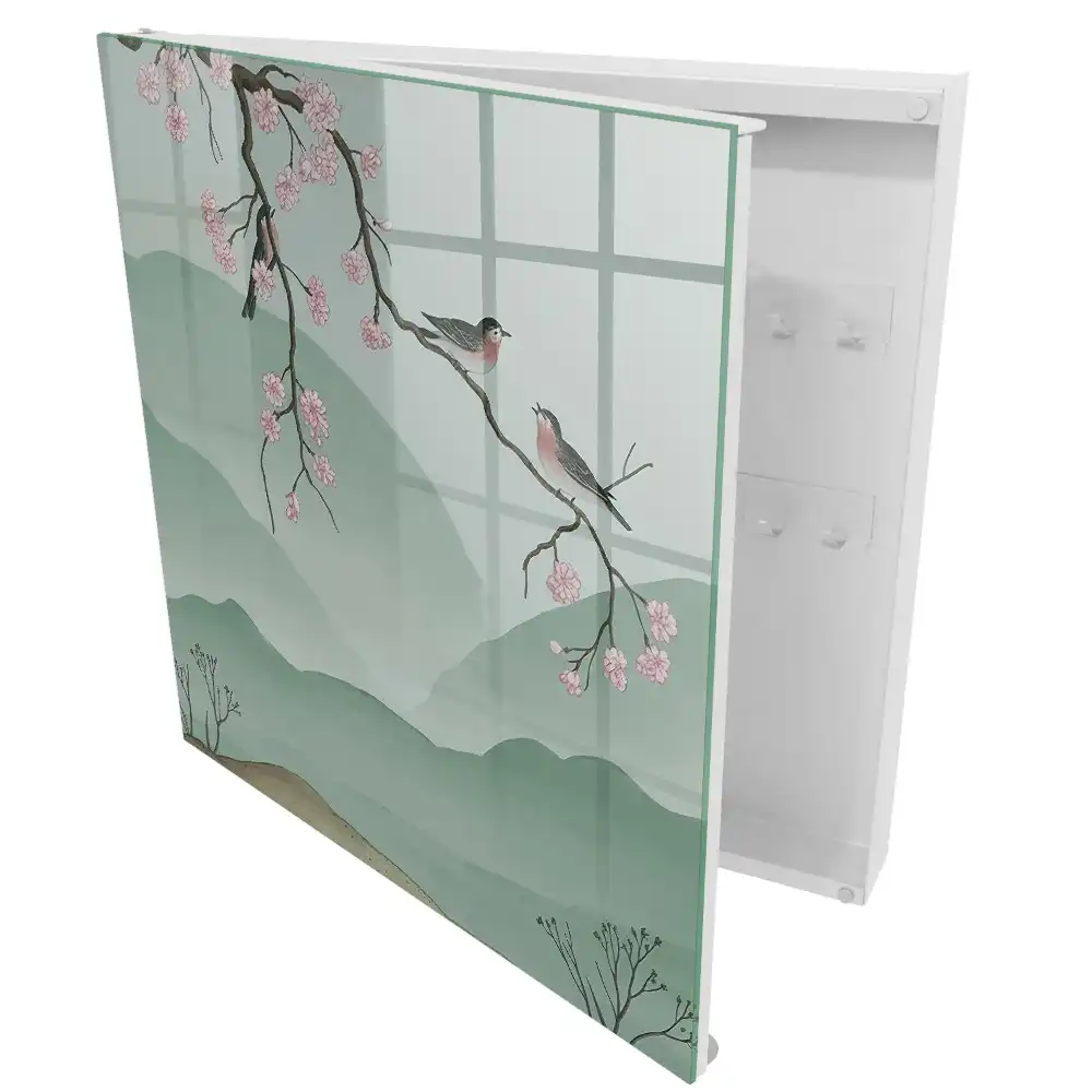 Armoire à clés couleurs pastel oiseaux fleurs fond calme