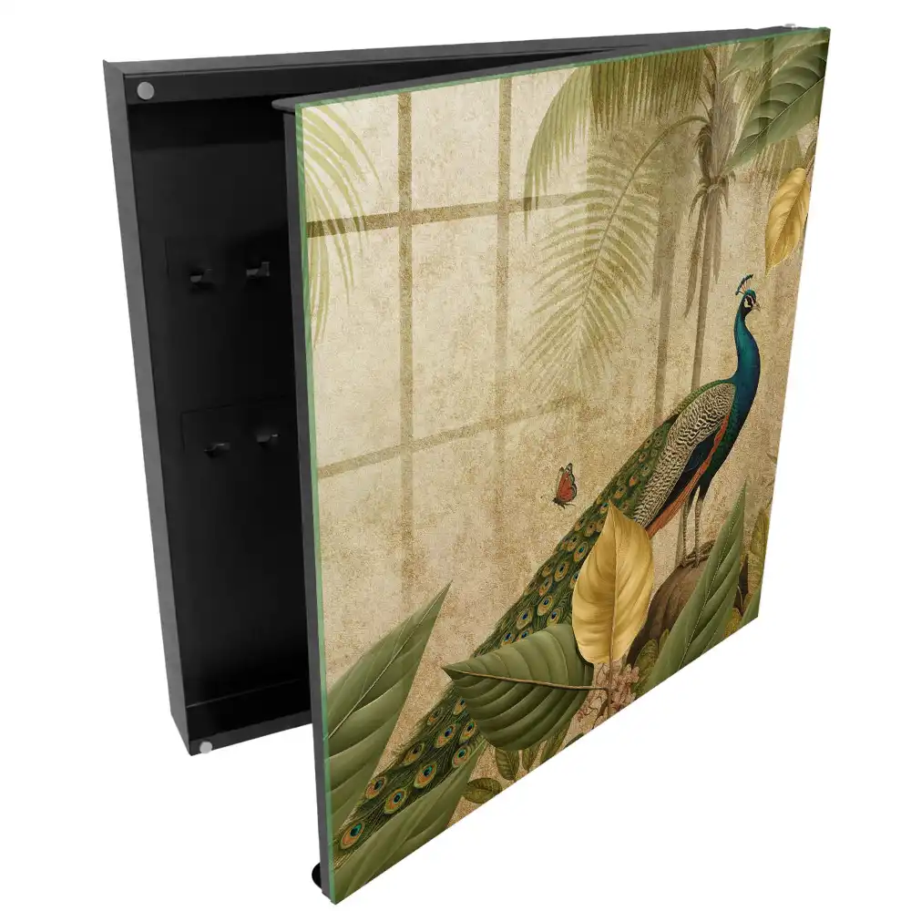 Armoire à clés paon sur fond de plantes et de feuilles exotiques