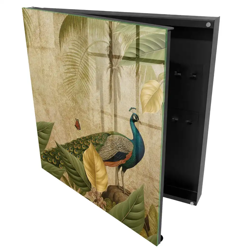 Armoire à clés paon sur fond de plantes et de feuilles exotiques