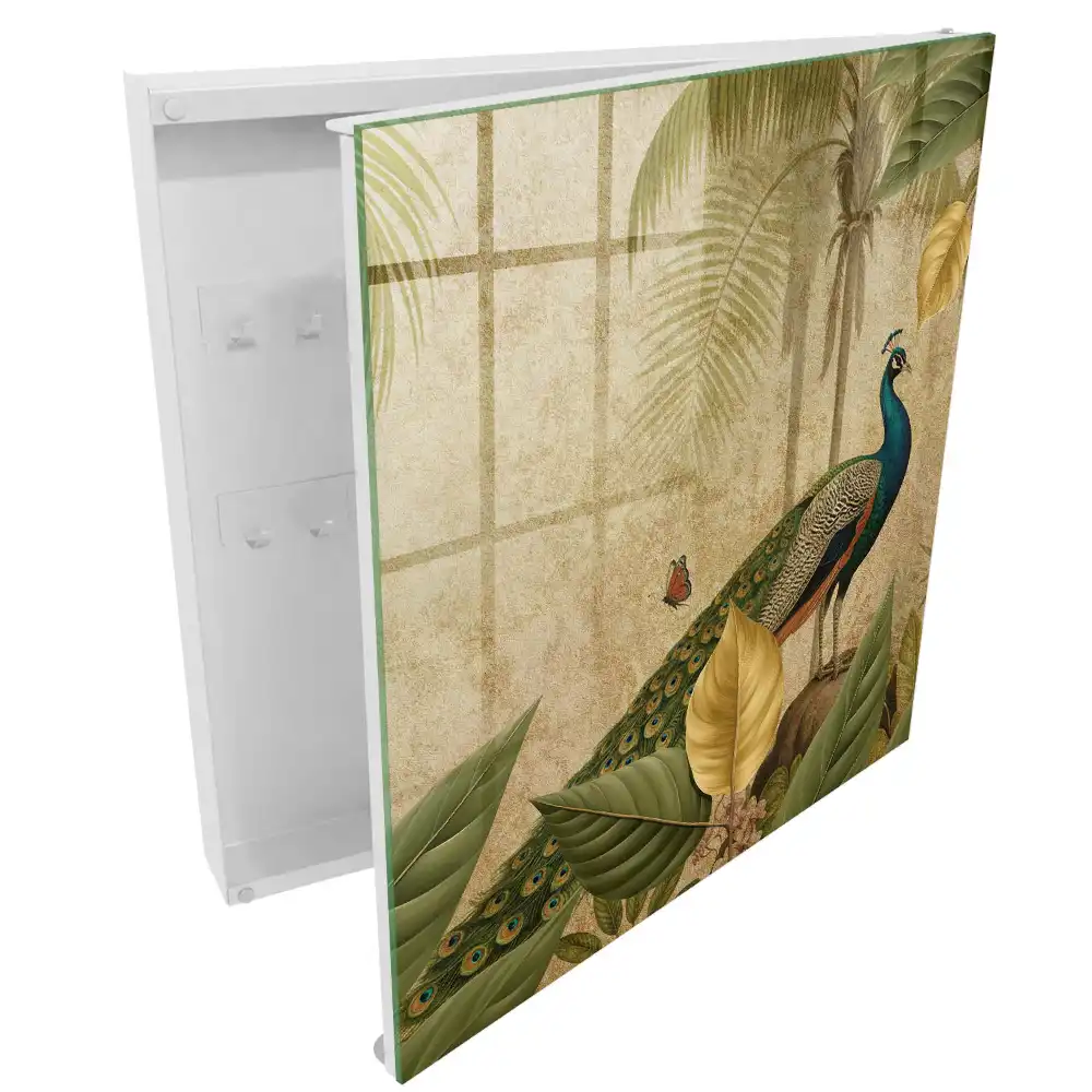 Armoire à clés paon sur fond de plantes et de feuilles exotiques