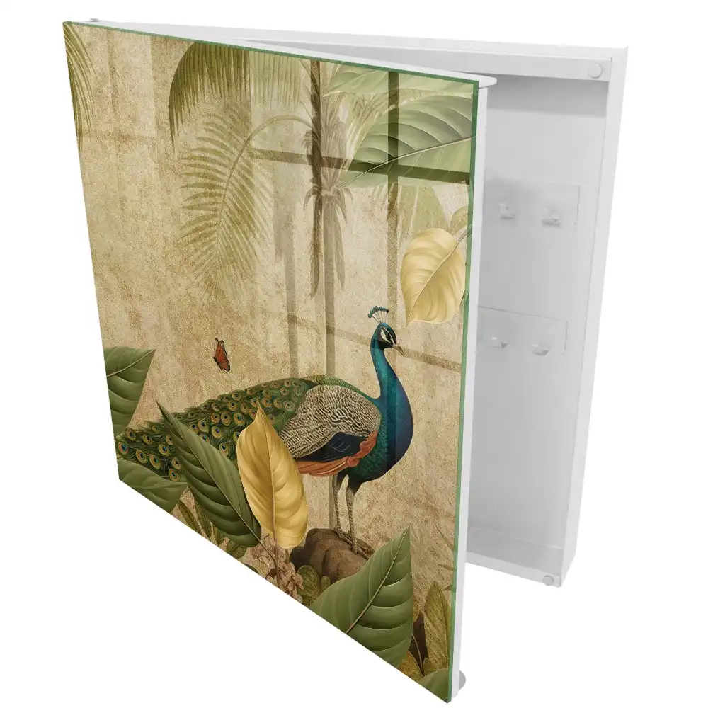 Armoire à clés paon sur fond de plantes et de feuilles exotiques