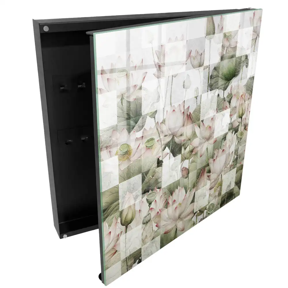 Boîte à clés murale fleurs de nénuphar sur fond géométrique