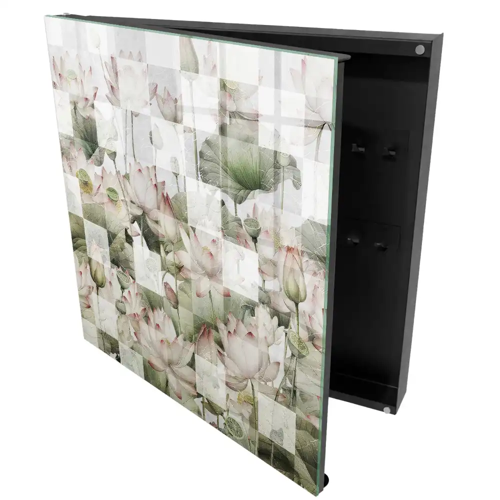 Boîte à clés murale fleurs de nénuphar sur fond géométrique