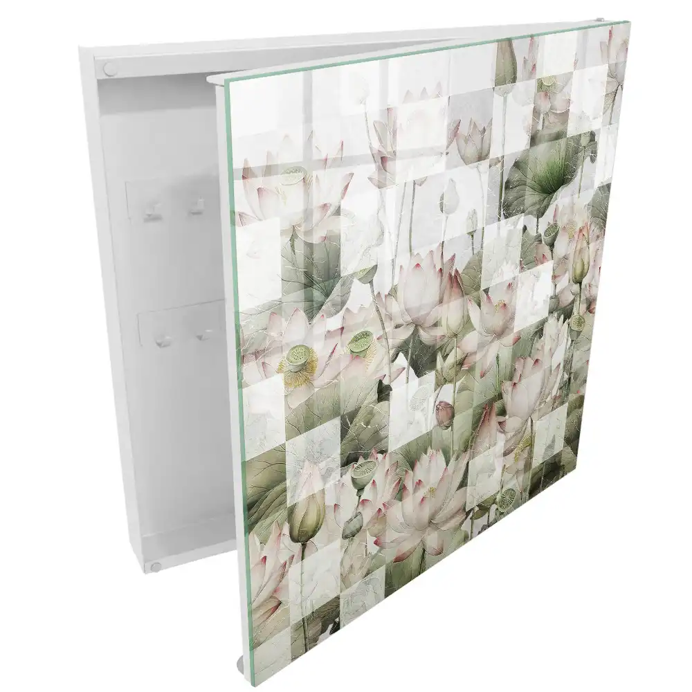 Boîte à clés murale fleurs de nénuphar sur fond géométrique