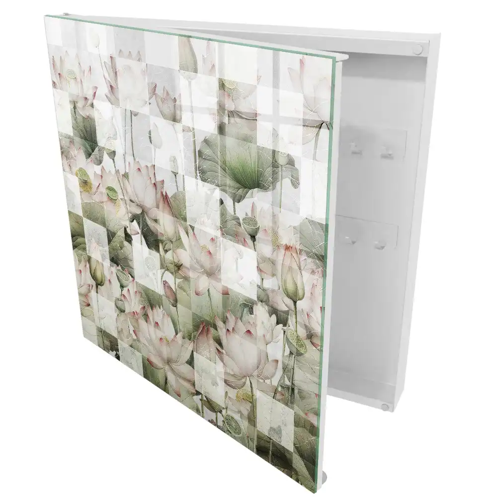Boîte à clés murale fleurs de nénuphar sur fond géométrique