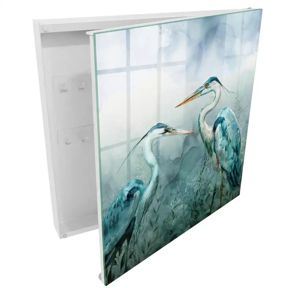 Boîte à clés hérons à l'aquarelle entourés de verdure