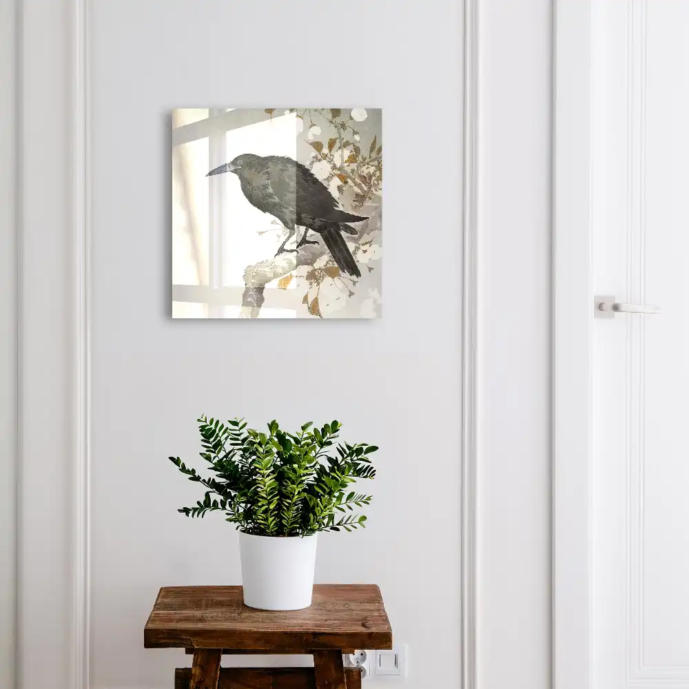 Armoire à clés un corbeau se détachant sur une branche fleurie