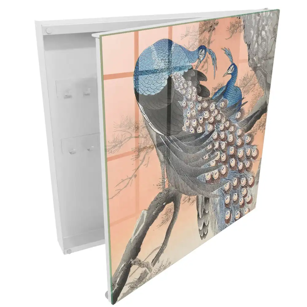 Armoire à clés paons bleus sur fond pastel