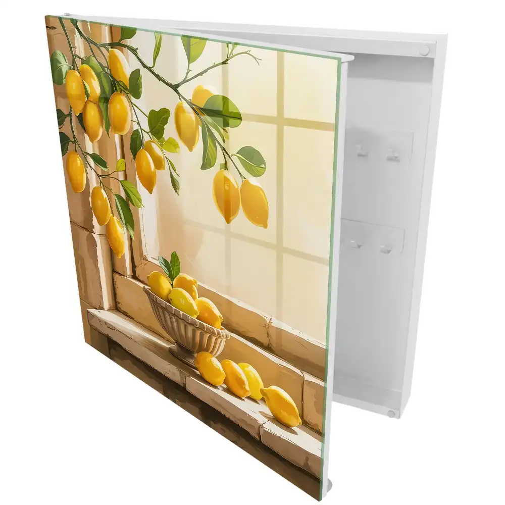 Boîte à clés murale des citrons juteux se détachant sur le fond de la fenêtre ajoutent une touche de chaleur