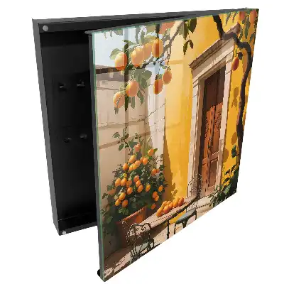 Armoire à clés terrasse ensoleillée avec des oranges et des chaises en métal
