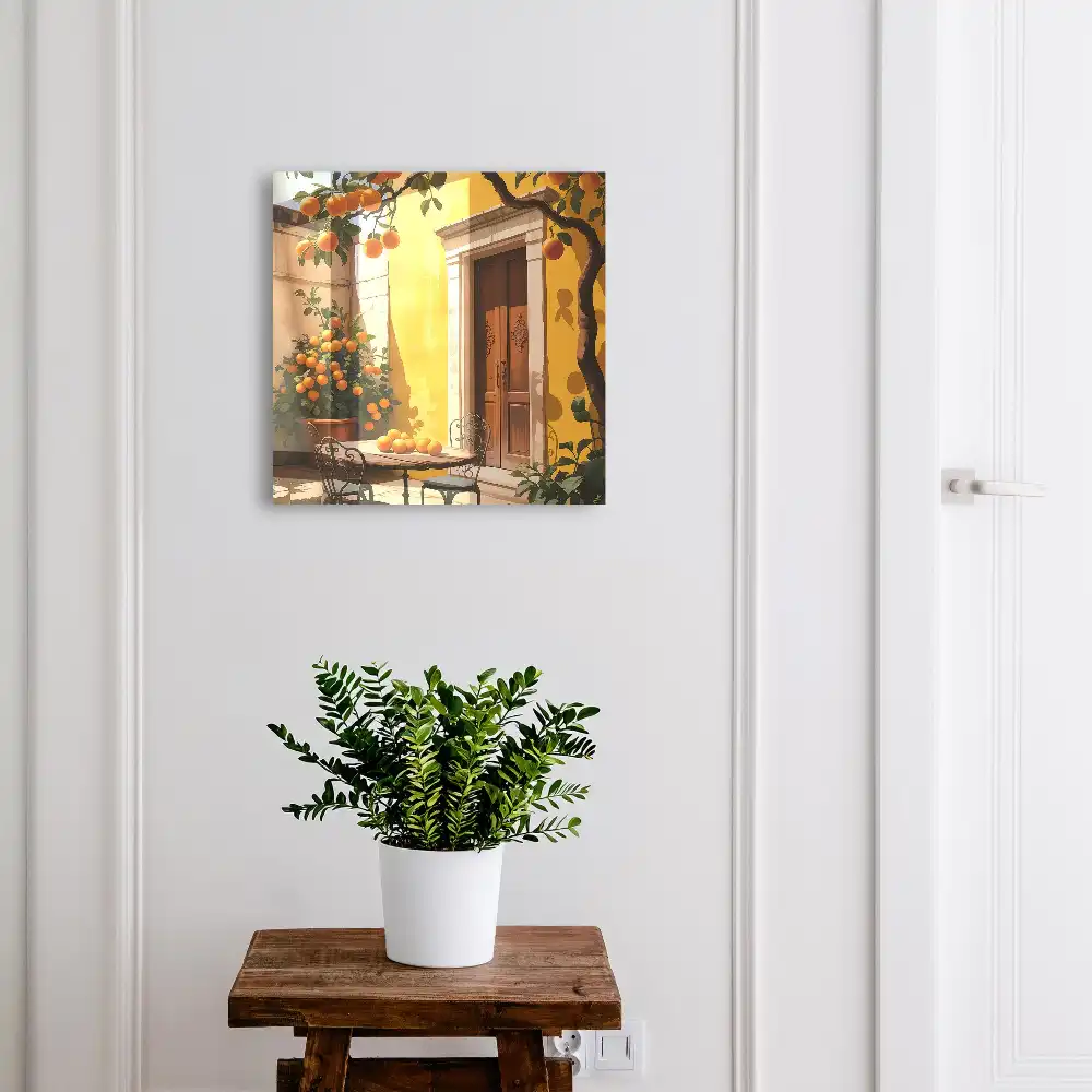 Armoire à clés terrasse ensoleillée avec des oranges et des chaises en métal