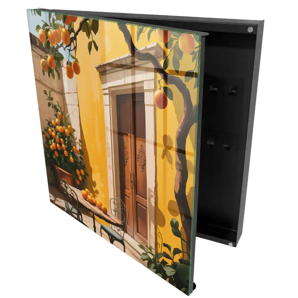 Armoire à clés terrasse ensoleillée avec des oranges et des chaises en métal