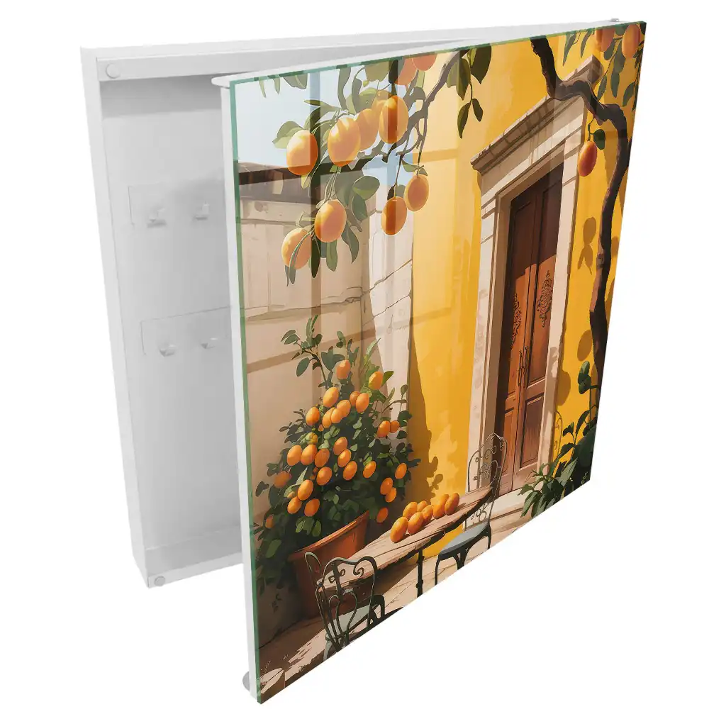 Armoire à clés terrasse ensoleillée avec des oranges et des chaises en métal