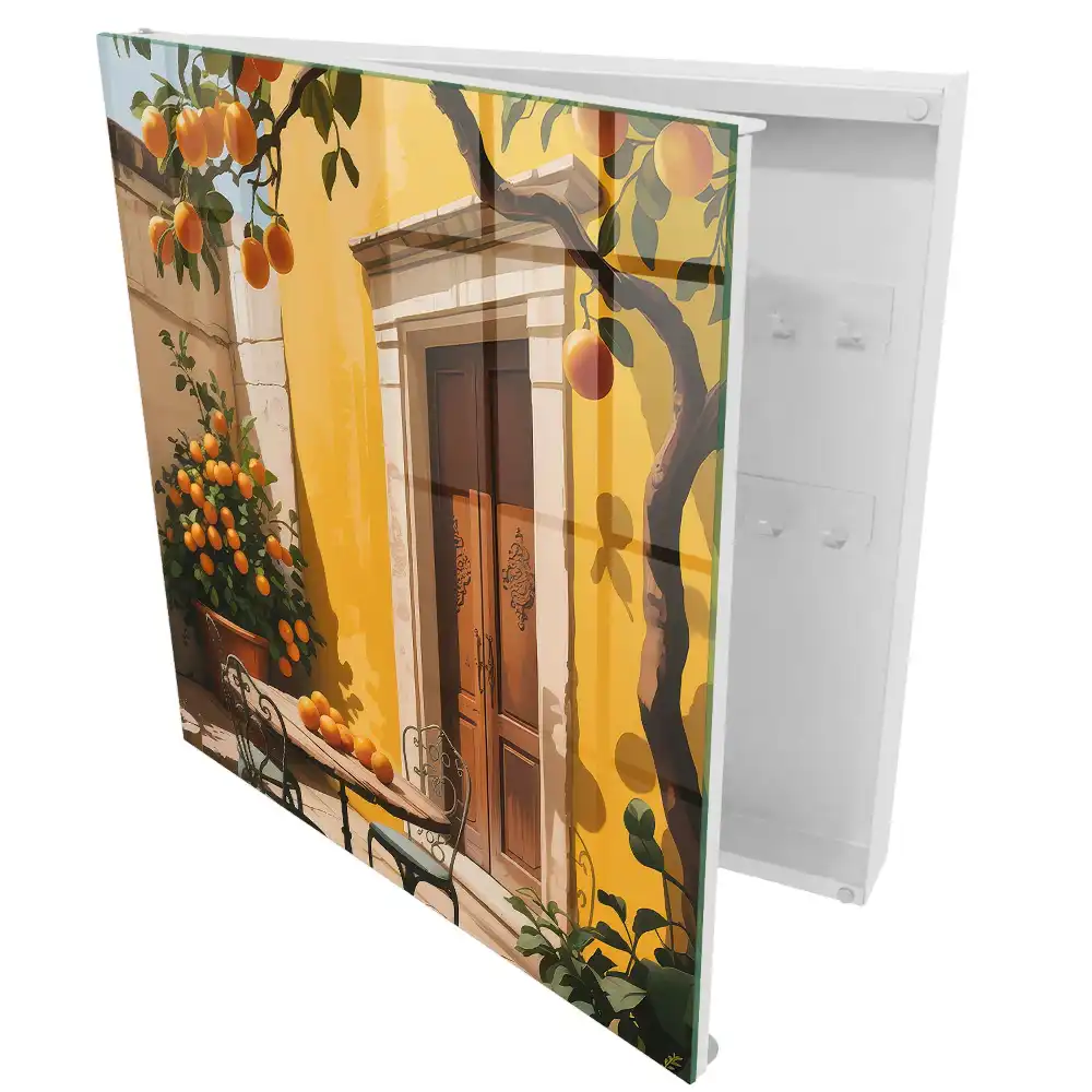 Armoire à clés terrasse ensoleillée avec des oranges et des chaises en métal