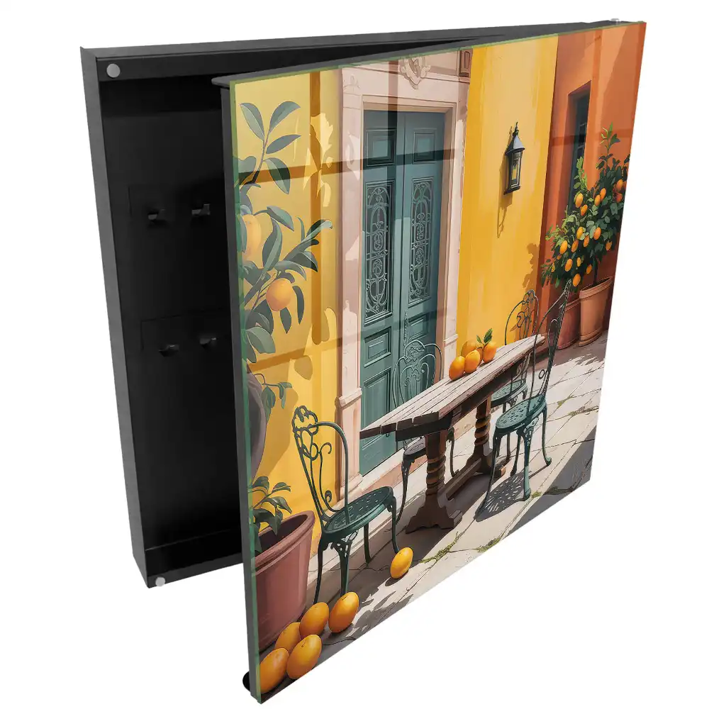 Boîte à clés murale cour colorée avec des oranges
