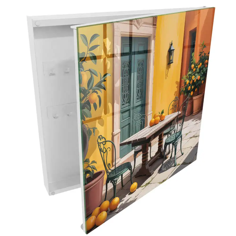 Boîte à clés murale cour colorée avec des oranges