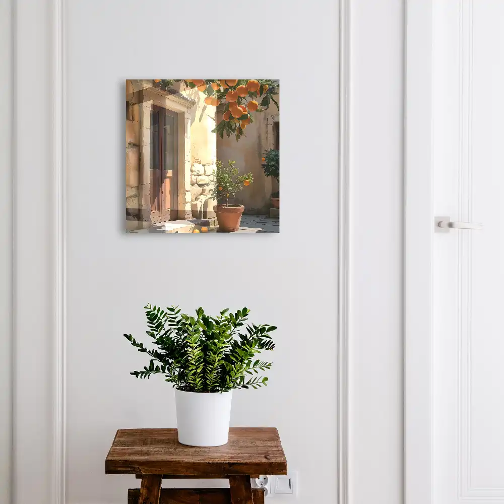 Boîte à clés ambiance chaleureuse avec des oranges sur fond de pierres