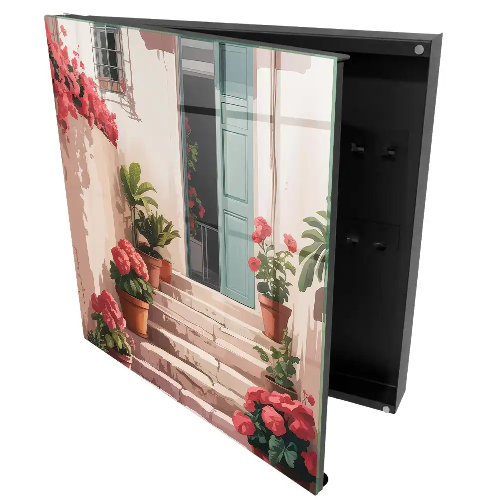 Boîte à clés des fleurs en pot sur l'escalier chaud