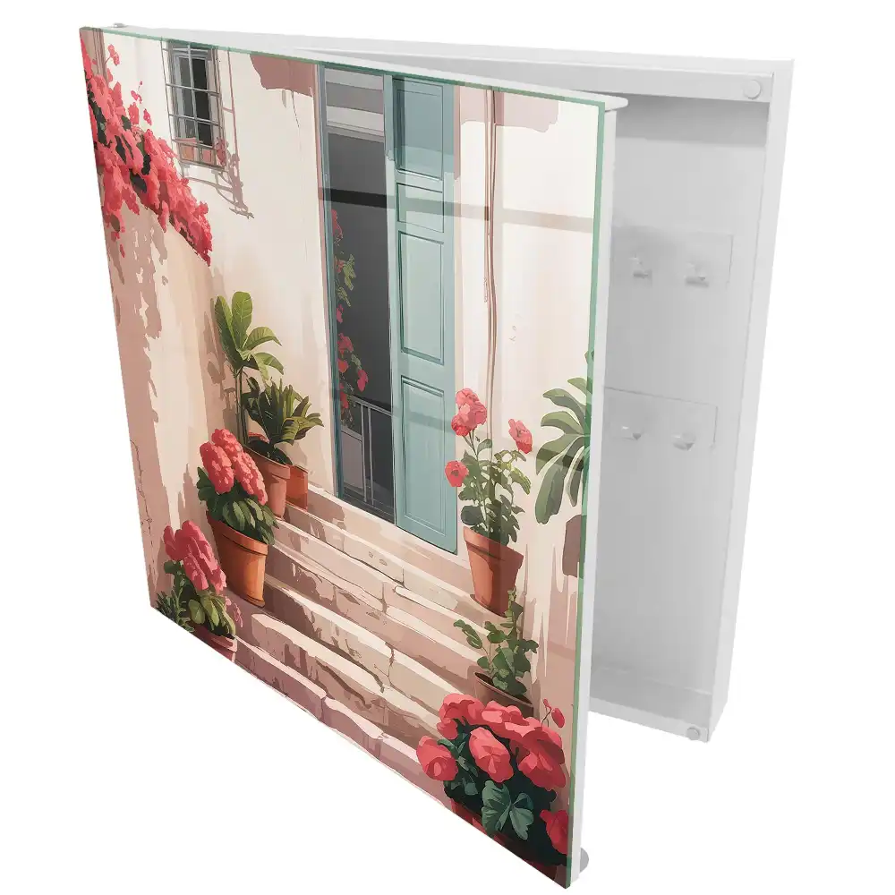 Boîte à clés des fleurs en pot sur l'escalier chaud