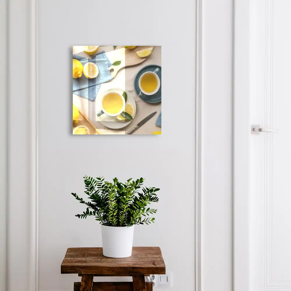 Boîte à clés citrons et tasses sur fond bleu