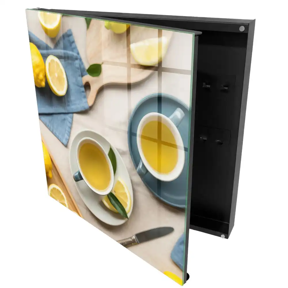 Boîte à clés citrons et tasses sur fond bleu
