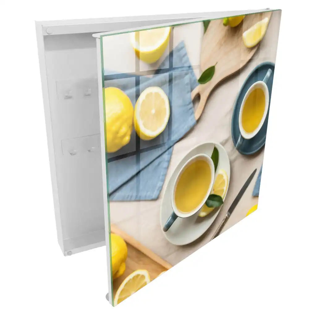 Boîte à clés citrons et tasses sur fond bleu