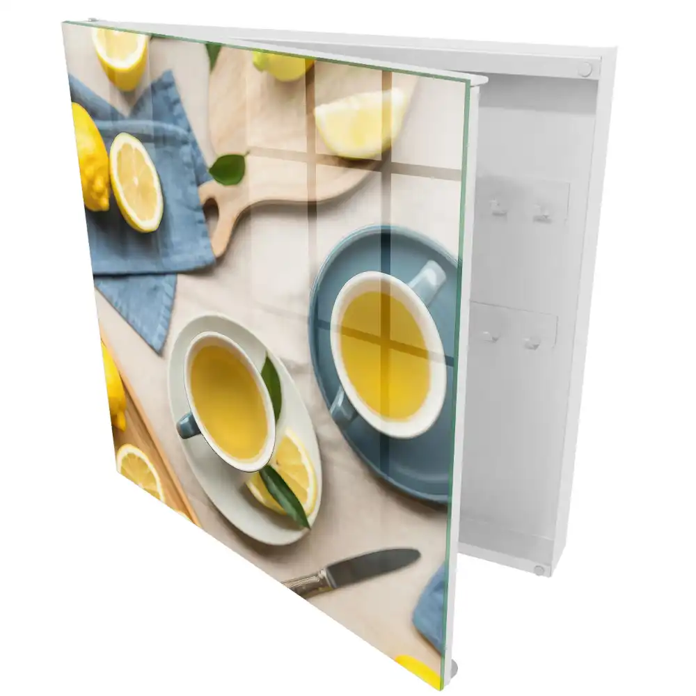 Boîte à clés citrons et tasses sur fond bleu