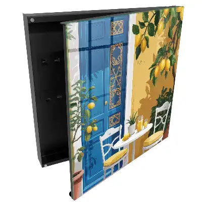 Armoire à clés porte citron bleu table blanche sans virgules
