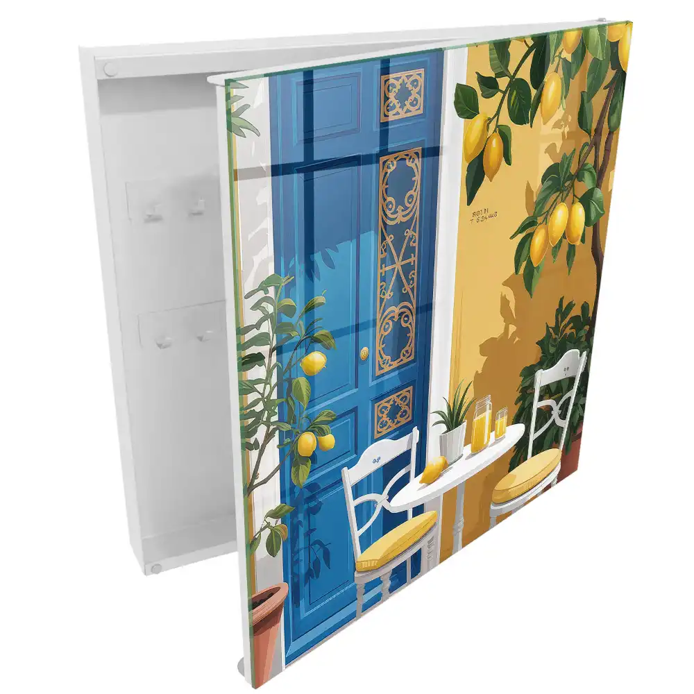 Armoire à clés porte citron bleu table blanche sans virgules