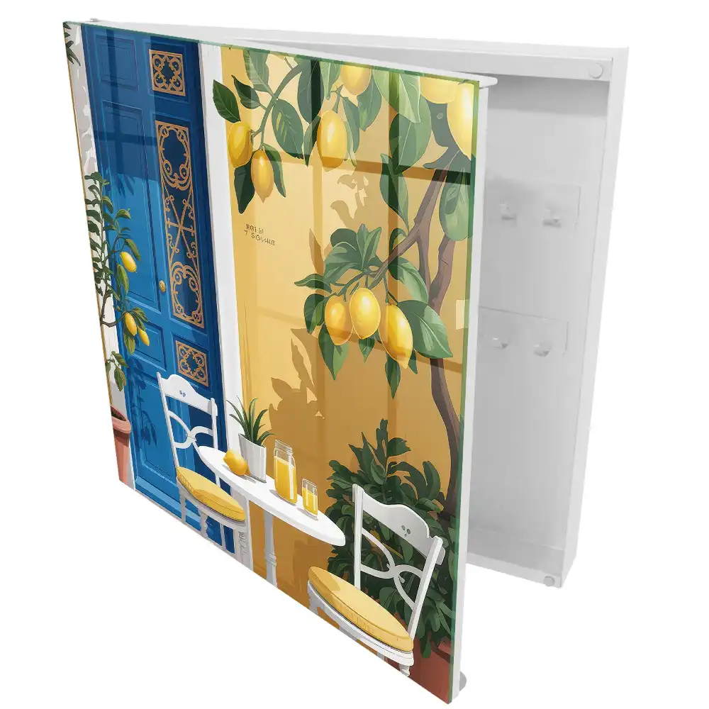 Armoire à clés porte citron bleu table blanche sans virgules
