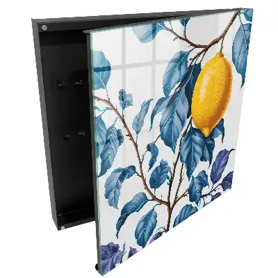 Boîte à clés murale citron parmi des feuilles bleues pleines de détails