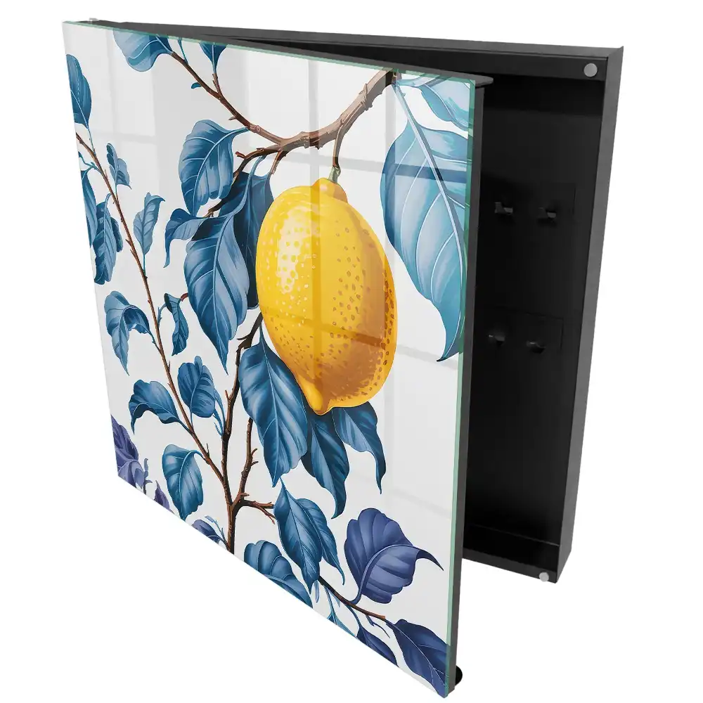 Boîte à clés murale citron parmi des feuilles bleues pleines de détails