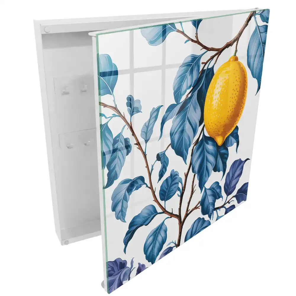 Boîte à clés murale citron parmi des feuilles bleues pleines de détails