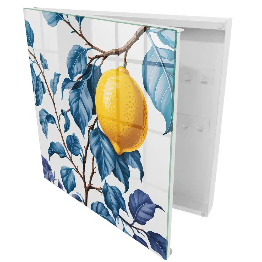 Boîte à clés murale citron parmi des feuilles bleues pleines de détails