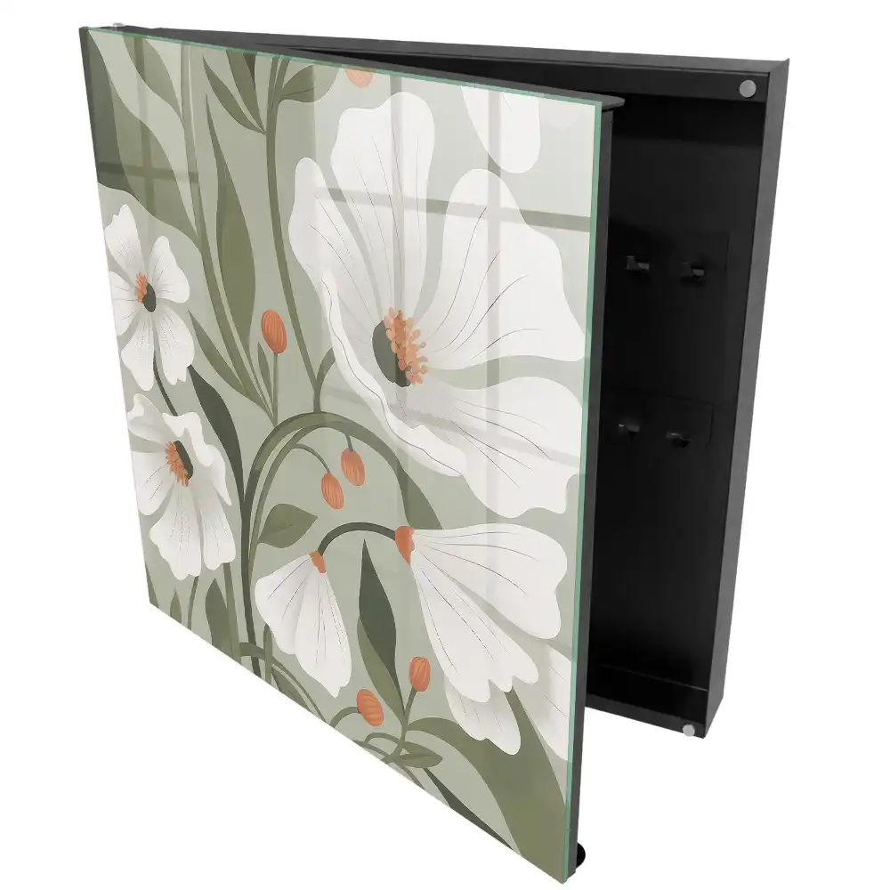 Boîte à clés murale fleurs blanches sur fond vert