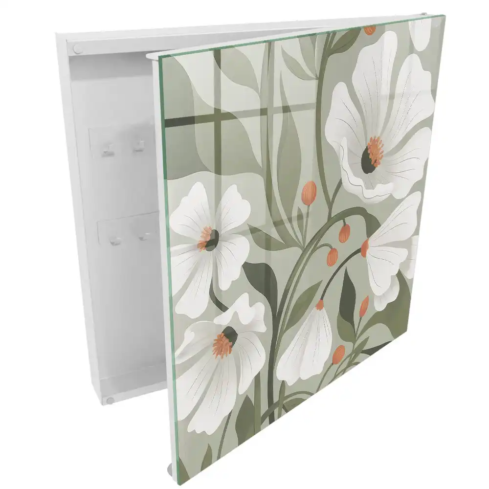 Boîte à clés murale fleurs blanches sur fond vert