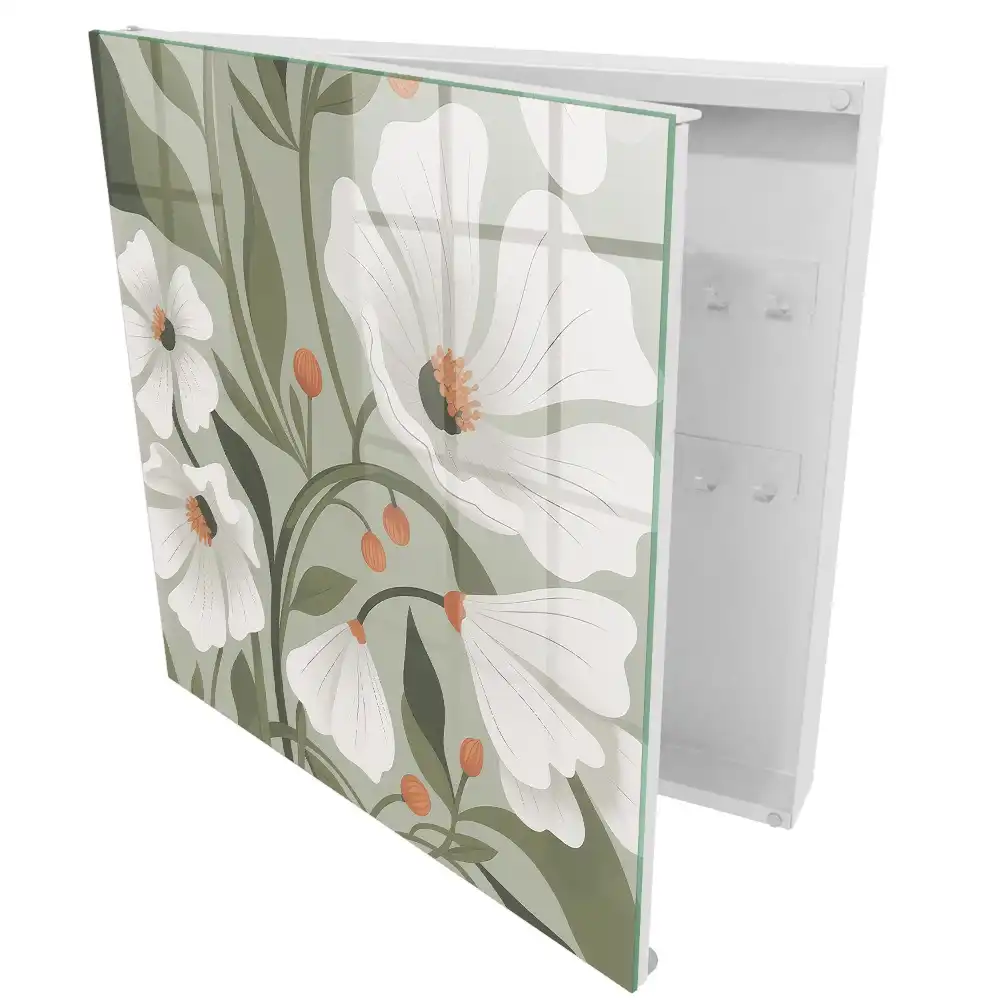 Boîte à clés murale fleurs blanches sur fond vert