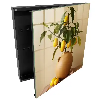 Armoire à clés citrons jaunes dans un pot en terre cuite sur fond beige