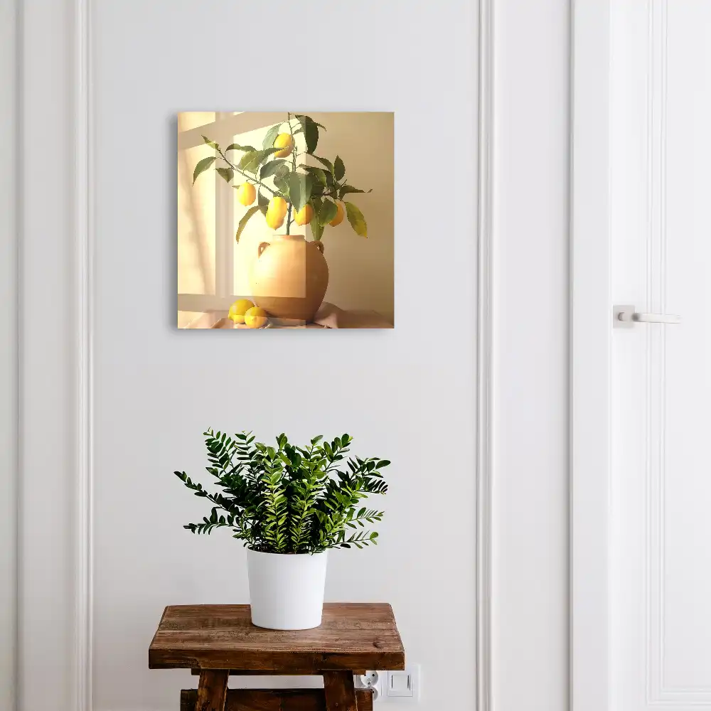 Armoire à clés citrons jaunes dans un pot en terre cuite sur fond beige