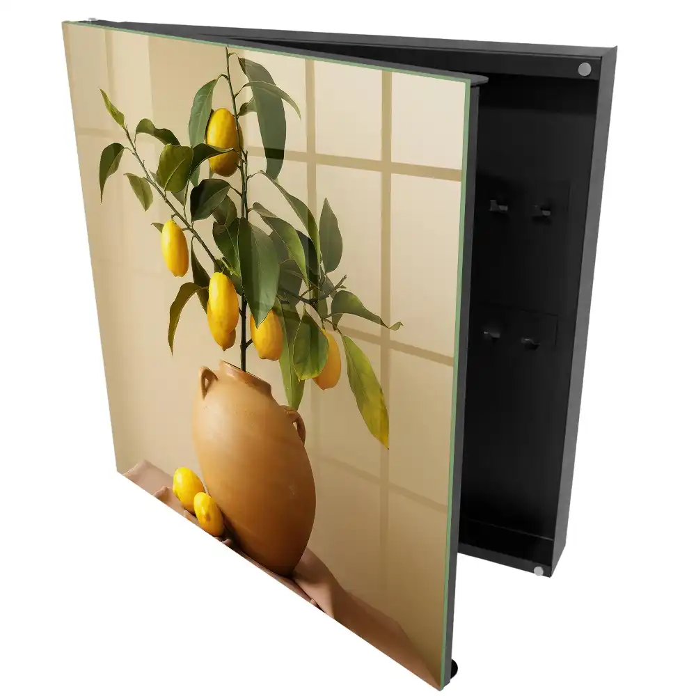 Armoire à clés citrons jaunes dans un pot en terre cuite sur fond beige
